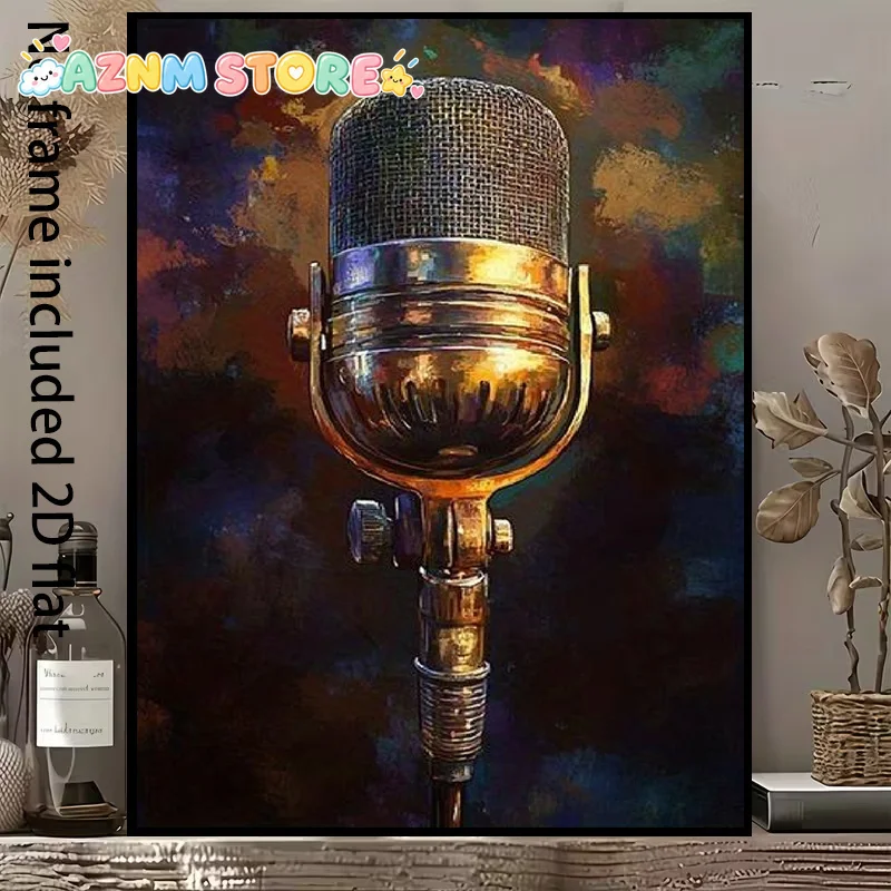 2027, []  Decorative Canvas Painting, Vintage Golden Microphone Canvas Art, Colorful Background Artistic Style Decorative Unf