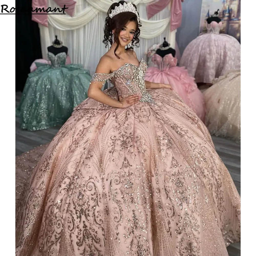 Rose Gold Beading Crystal Ball Gown Quinceanera Dresses Vestidos De XV Anos Glitter Sequined Bow Sweet 15 Formal Birthday Party
