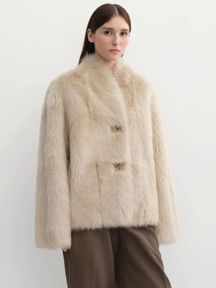 الراقية الفاخرة توسكانا لامب الفراء شيرلينغ الستر للنساء 2025 جديد بسيط الوقوف طوق الشتاء جلد طبيعي معطف الفرو الحقيقي