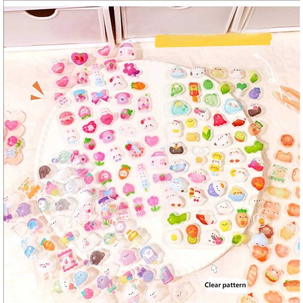 300Pcs Kawaii Cartoon 3D Relief Sticker Cute Crystal Jelly Patch for Mobile Phone Case Mirror Scrapbook Journal Animal Deco