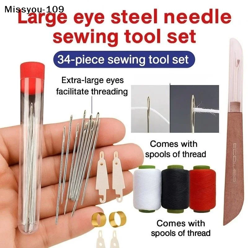 Sewing Kit 34-Piece Large Eye Steel Needles Colored Threads Suitable for Kids Adults DIY Sewing Practice
