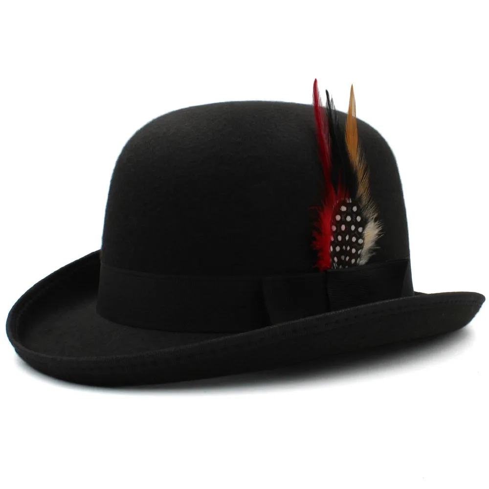 Men Women Wool Blend Oval Top Bowler Hats Woolen Fedora Caps Trilby Feather Band Derby Sunhat Adjustable UK M-L US 7 1/8-7 3/8