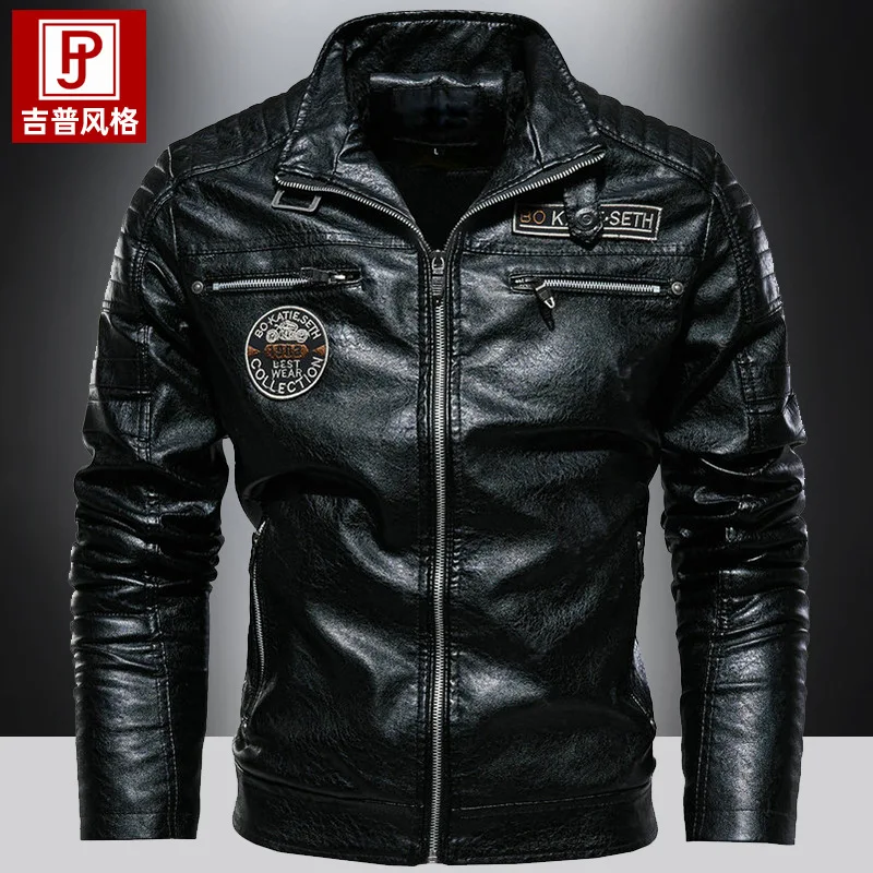 Big Size Men Vintage Faux PU Leather Biker Jacket Embroidered Badge Multi Zipper Pocket Fleece Lined Motorcycle Coat 3 Colors