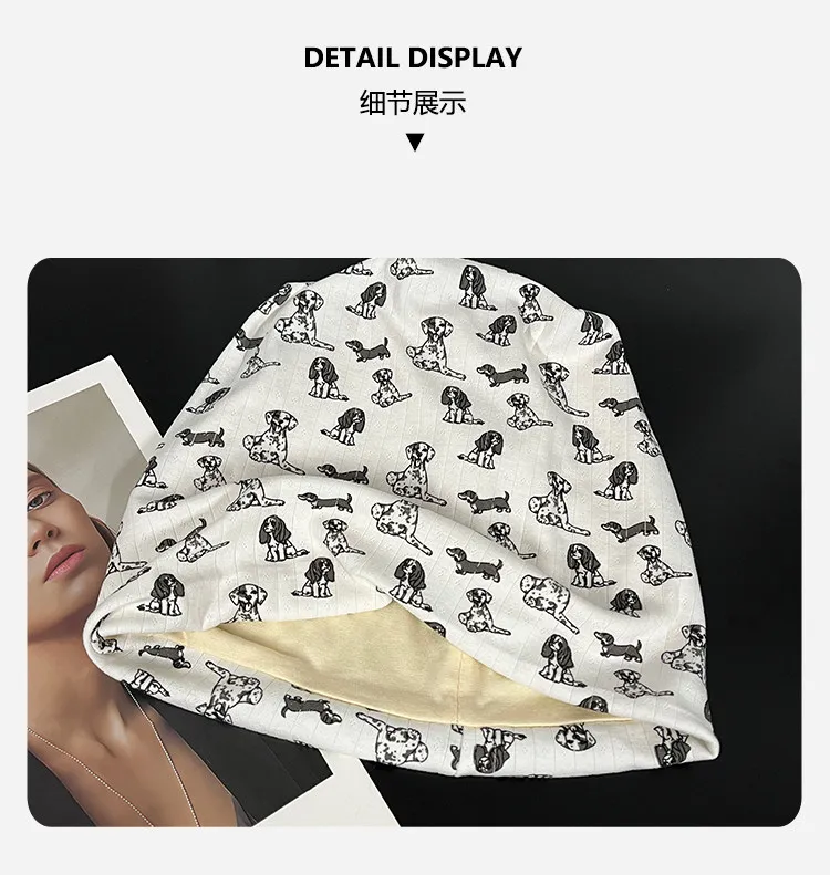 Koreanische Niedliche Welpen-Print-Mützen für Frauen, Herbst und Winter, Lässige Vielseitige Warme Ohrenschutz-Pullover-Mützen – Detail 3