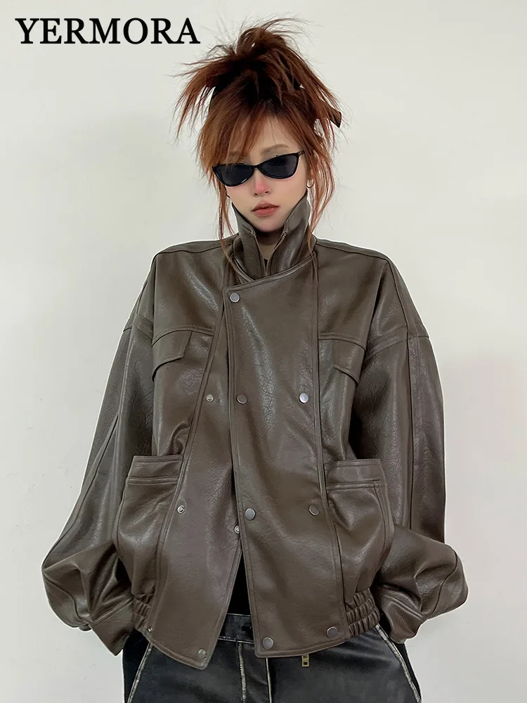 

YERMORA кофейная текстура, повседневная куртка из искусственной кожи для женщин, свободное новое пальто с лацканами и длинными рукавами, модное пальто, весна-осень 2025