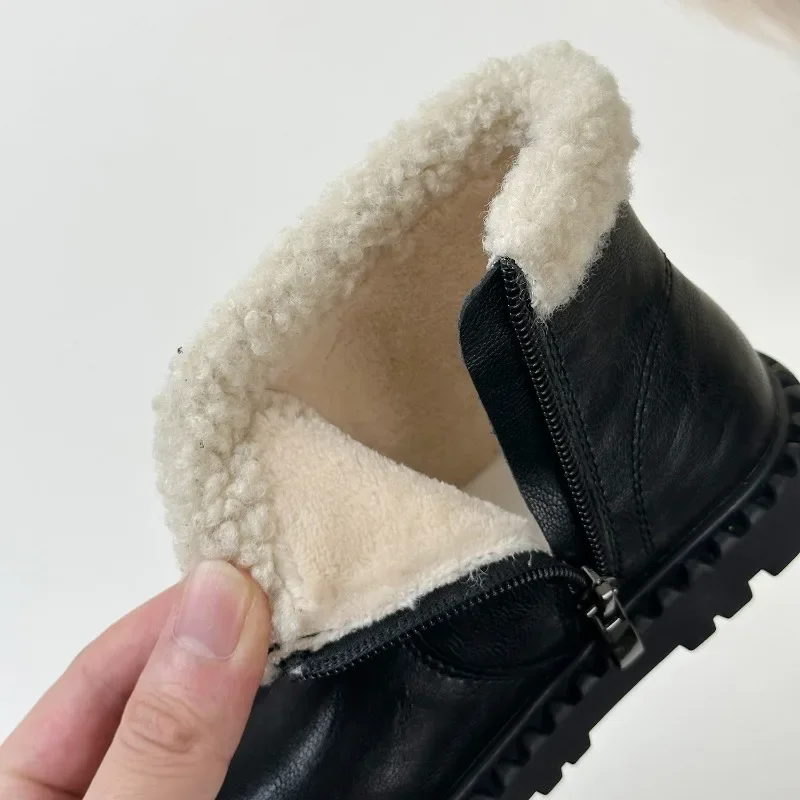 Botas de couro das crianças inverno meninos meninas lado zip pele quente botas curtas crianças da criança estudantes lã manter sapatos de algodão quente