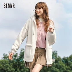 Semir Coat Women Imitation Lamb Wool Polar Fleece Double-Sided Wear Loose 2024 New Winter Contrast Color Simple Hooded Jacket