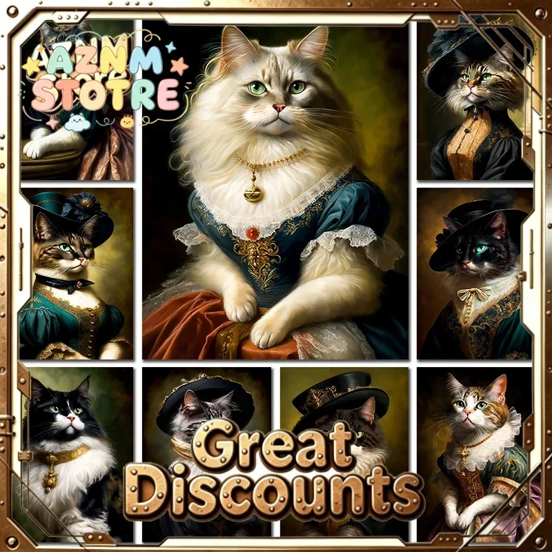Renaissance European Aristocrat Black Cat White Cat Drink Beer Elegant Animals Poster Canvas Print Wall Art For Room Home Dec