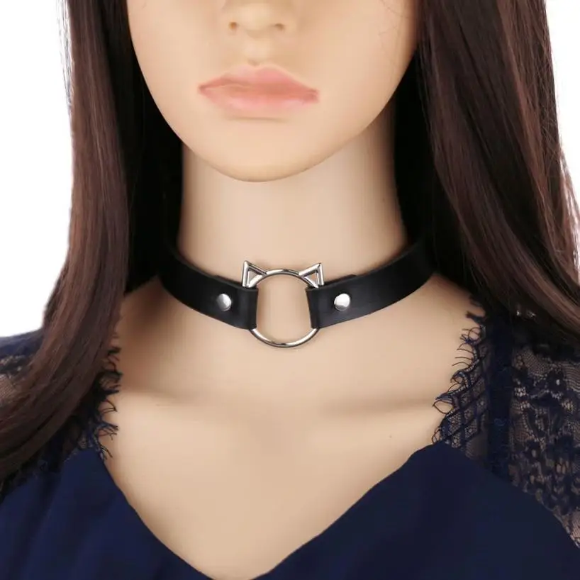 1 Pcs Women Black Synthetic Leather Sexy Collar With Cat Spike Choker Buckle Goth Alternative Thin Gothic Necklace Studded Punk