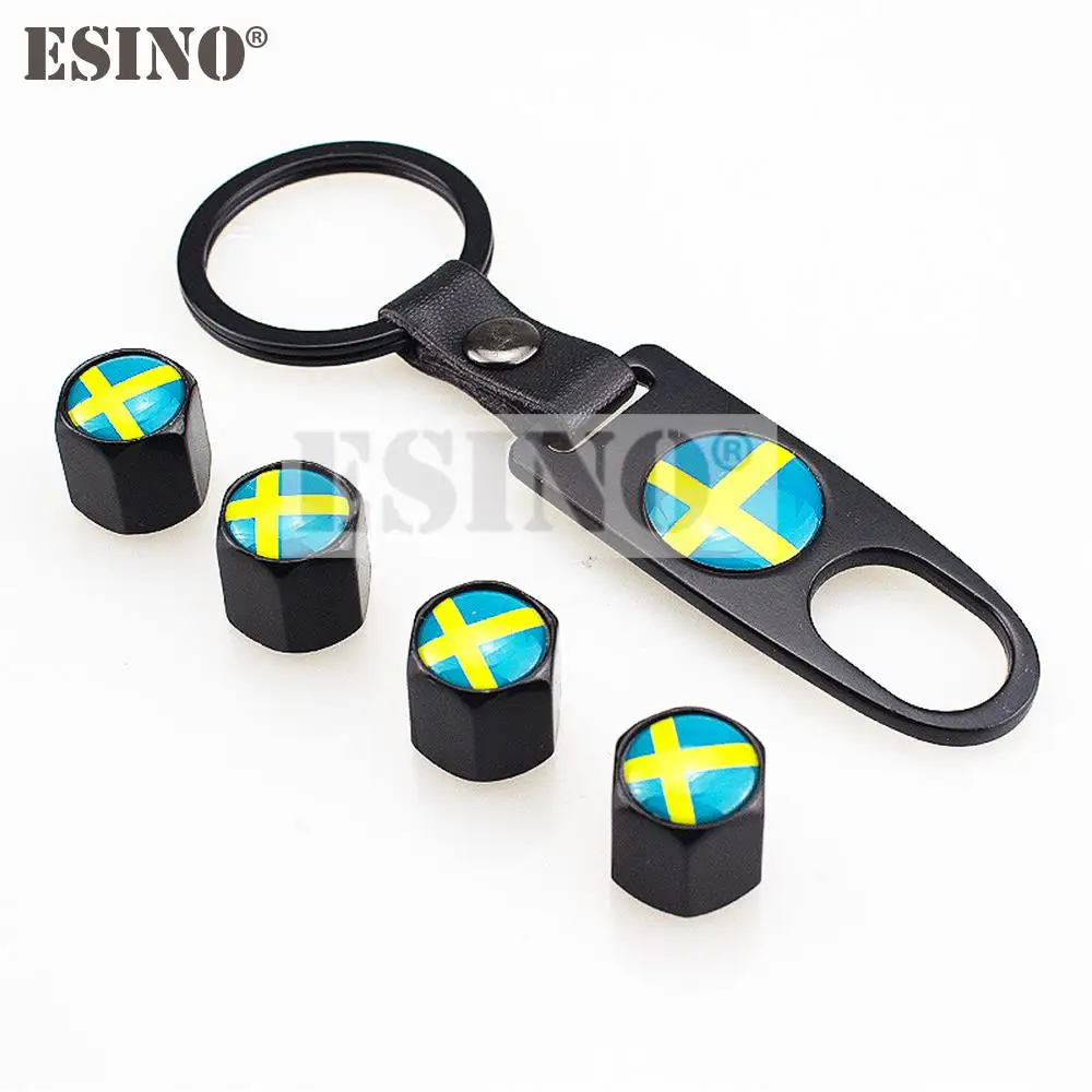 4 x Car Stainless Steel Zinc Alloy Wheel Tire Valve Stems Caps Sweden National Flag Universal With Mini Wrench Key Chain