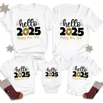 Feliz Año Nuevo Hola 2025, trajes a juego para la familia, papá, mamá, camisa para niños, mono para bebé, camiseta familiar, ropa familiar para fiesta navideña