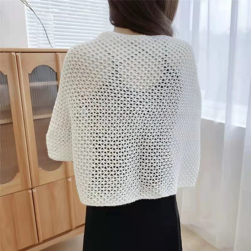 Summer Women Solid Color Hollow Out Long Sleeve Sunscreen Loose Knitted Cardigan