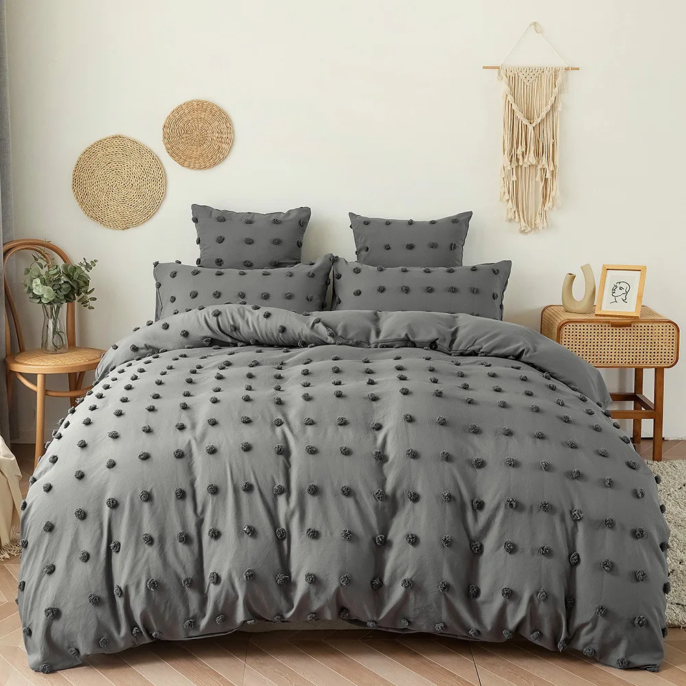 Bedding set with plain color, embroidered dots, and pom-poms, three-piece home textile set for export