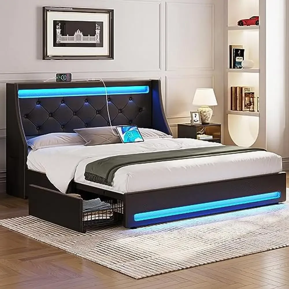 Full Bed Frame with LED Lights USB Charging Station PU Leather Storage Drawers Black