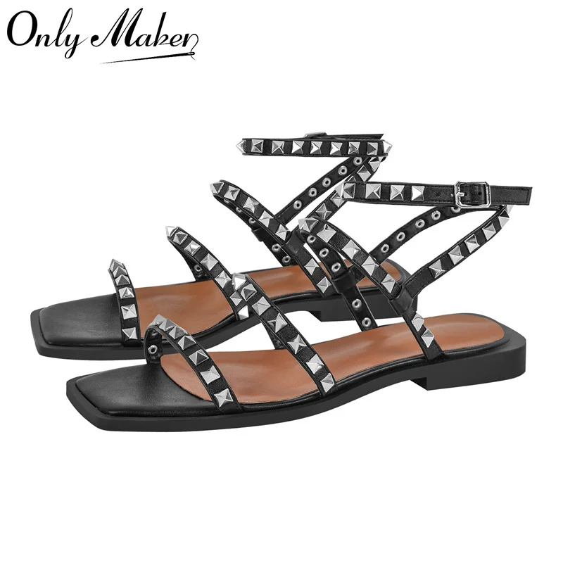 Onlymaker Women Square Toe Rivet Flat Sandals Summer Female Big   Size Sandals