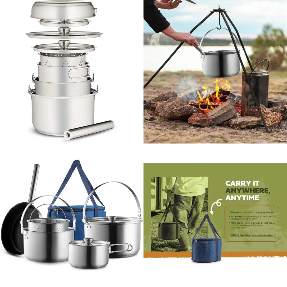 

8-Piece Stainless Steel Camping Cookware Set with Frying Pan, Steamer, and Travel Bag | Ideal for Outdoor Hiking, RV, and Campin