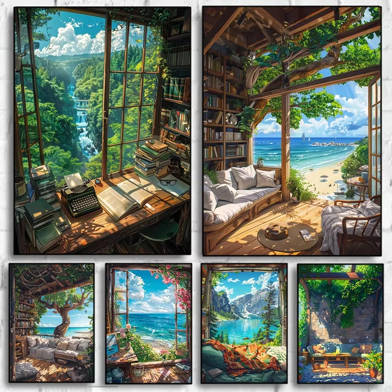 Quadro Moderno Fai da Te con Numeri, Dipinto a Olio su Tela, Tema Cottage al Mare, Decorazione per Soggiorno e Camera da Letto, Regalo Artigianale