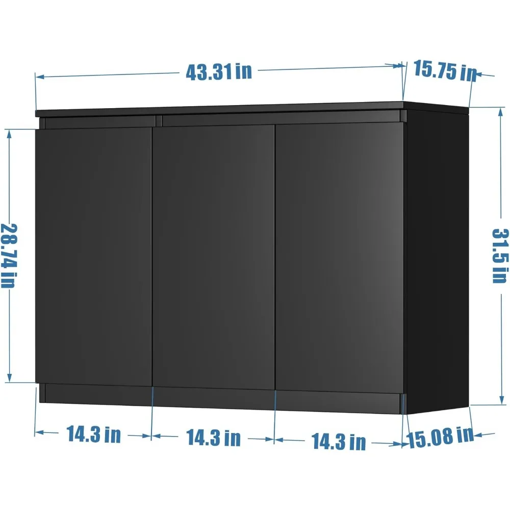 خزانة تخزين بوفيه سوداء مع 3 أبواب، خزانة بار القهوة 43 بوصة، خزانة جانبية لبوفيه المطبخ لغرفة المعيشة والمطبخ