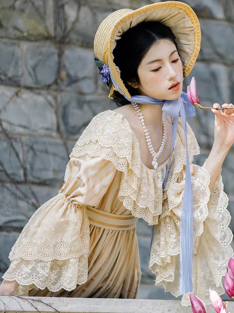 93-101cm Bust Spring Fall Maxi Dresses Original Design Women French Vintage Elegant Slim Empire Edwardian Lace Striped Dresses