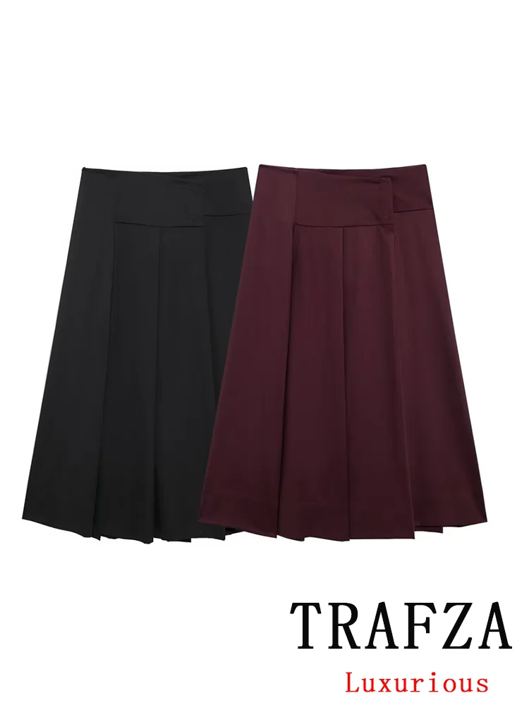 TRAFZA Vintage Casual Chic Women Skirt Solid Wide Pleated Hidden Breasted Long Straight Skirt New Fashion 2024 Autumn Skirts