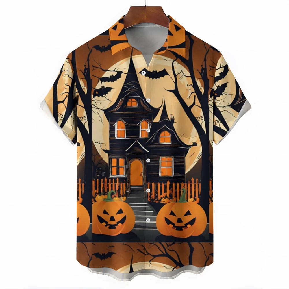 

Spooky House Pumpkin Lanterns Men's Hawaiian Casual Short Sleeve Shirt Celebrate Halloween Themed Shirt Gothic Spooky Season