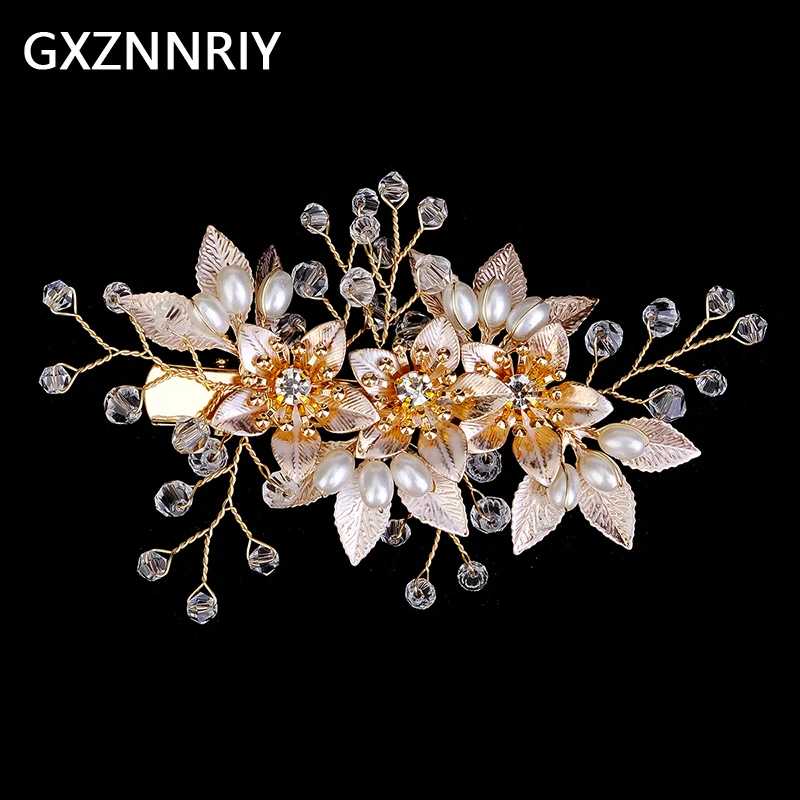 Handmade Crystal Leaf Flower Hairpins Pearl Hair Clips for Women Bridal Wedding Hair Accessories Bride Headpiece Jewelry Gift