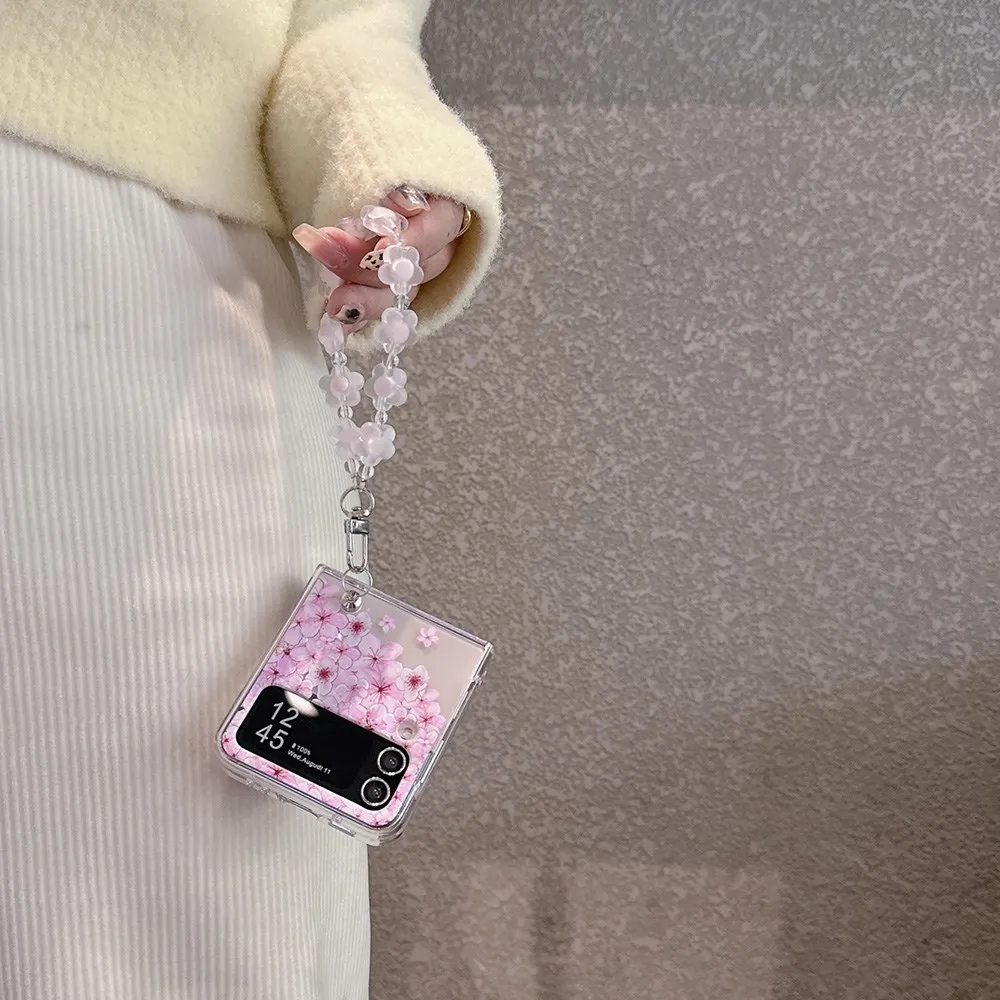 For Samsung Galaxy Z Flip 3 4 5 Case Floral Transparent Folding with Bracelet Shockproof Protection Hard Back Cover Accessorie