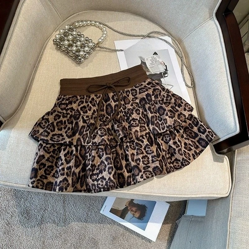 

American Street Leopard Print Cake Skirt for Women Y2k High Waist Ruffles A-line Skirts 2025 Summer New Faldas Sexy Mujer