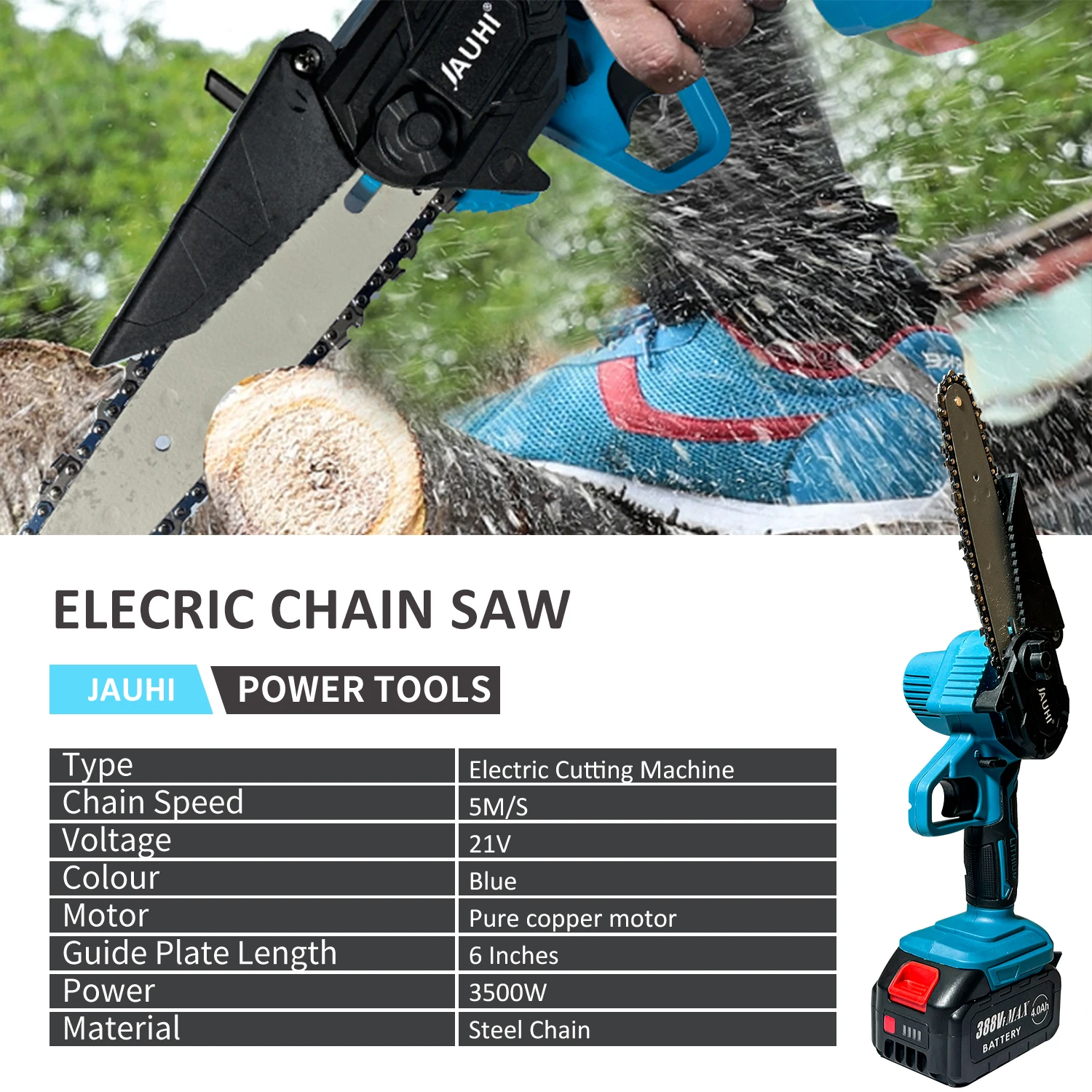 JAUHI 6 Inch Electric Chain Saw 21V Rechargeable Handheld Chainsaw Woodworking Electric Saw For Makita 18V Battery Power Tools