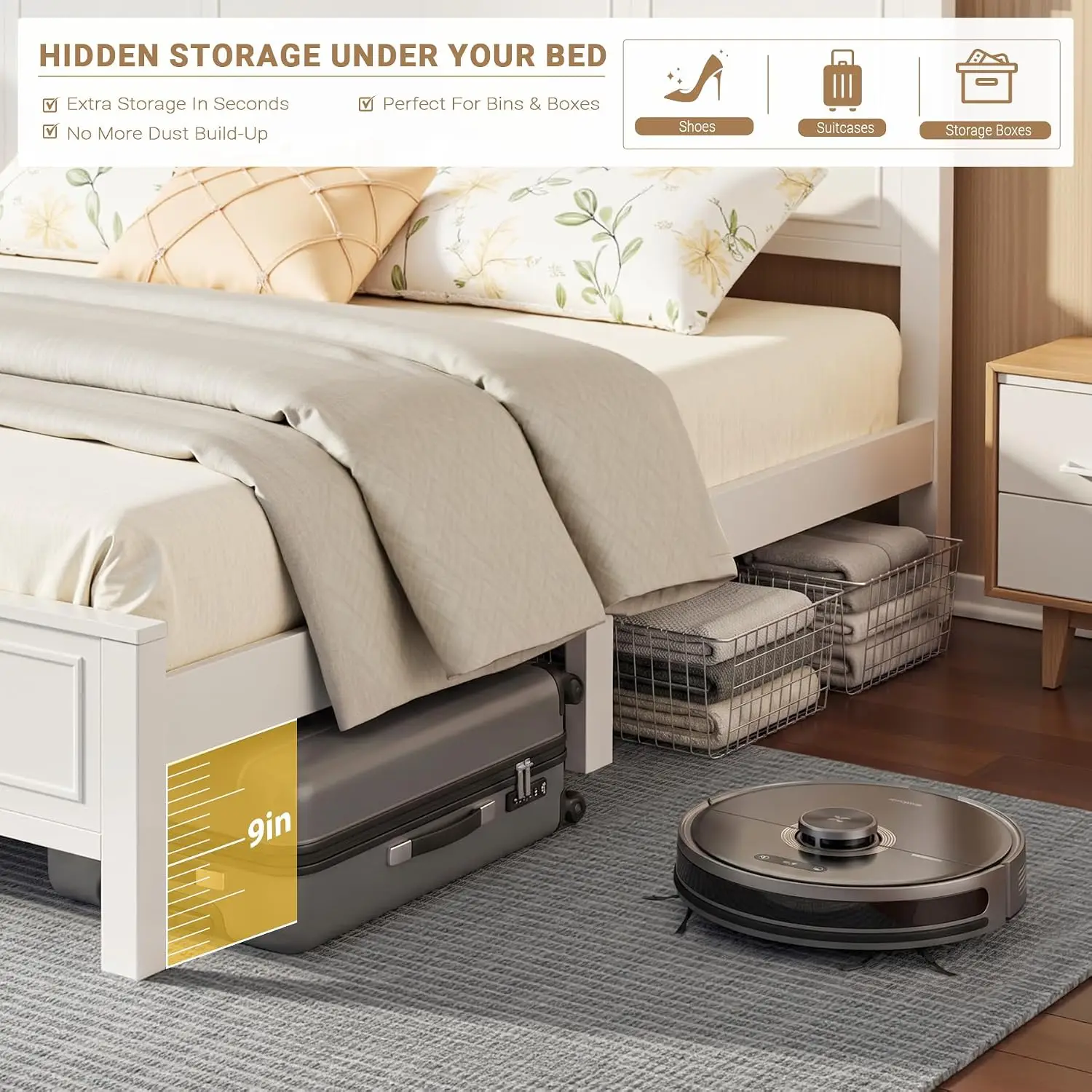 Queen Bed Frame with Headboard, Queen Size Pinewood Platform Bed Frame with LED Lights and USB Charging Station,, Customized - view 6