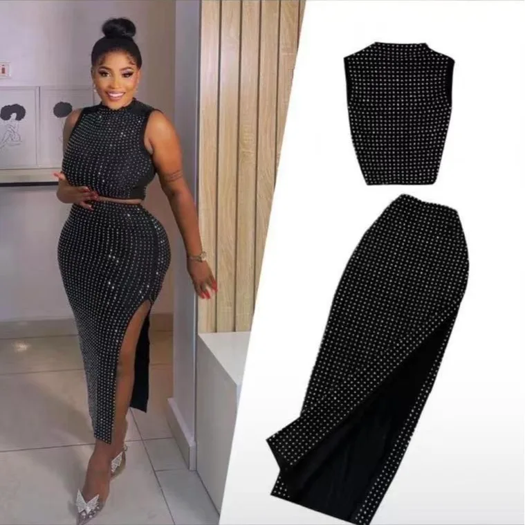 

Sexy High Waist Bodycon Mid-Length Skirt Dress Set Two-Piece Set Split Design Fashionable Women's Clothing Ensemble