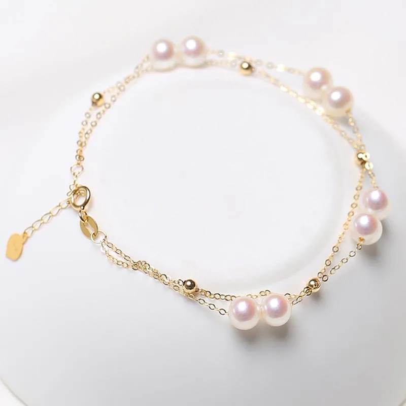 

XF800 Real 18K Gold Bracelet Natural Akoya Pearl Pure AU750 Adjustable Chain Fine Jewelry Gifts for Women Double Layber