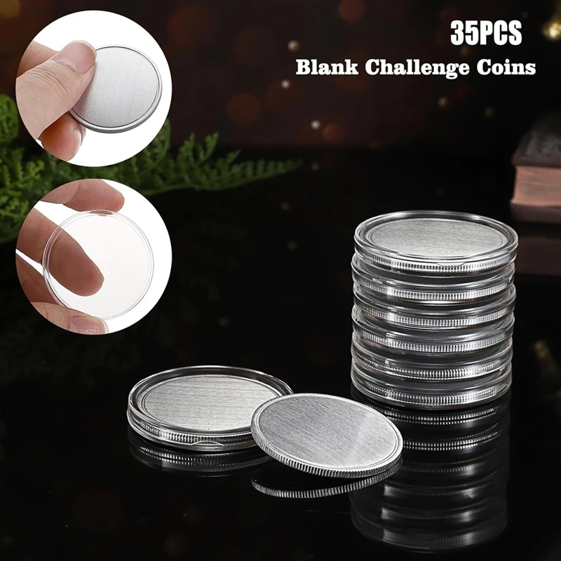 Top-35PCS Blank Challenge Coins,1.6 Inch Engraving Blank Brass Coins With Acrylic Protection Boxes, For DIY Crafts