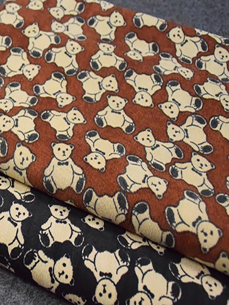 Bear Printed Corduroy Fabric,Sewing Autumn and Winter Dress Overalls Pants Coat by Half Meter