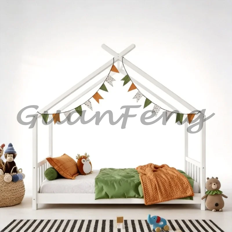 White Solid Pine Wood Toddler House‑Shaped Bed Frame, Wooden Kids House Bed Furniture, Children Floor Bed for Bedroom