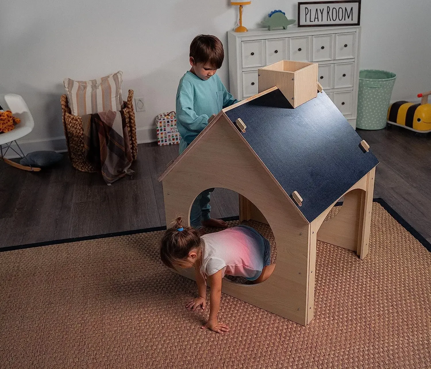 USA StockIndoor Montessori Wooden and Waldorf Style Playhouse for Toddlers with Double Chalkboard Roof. Sturdy Play Set Structur