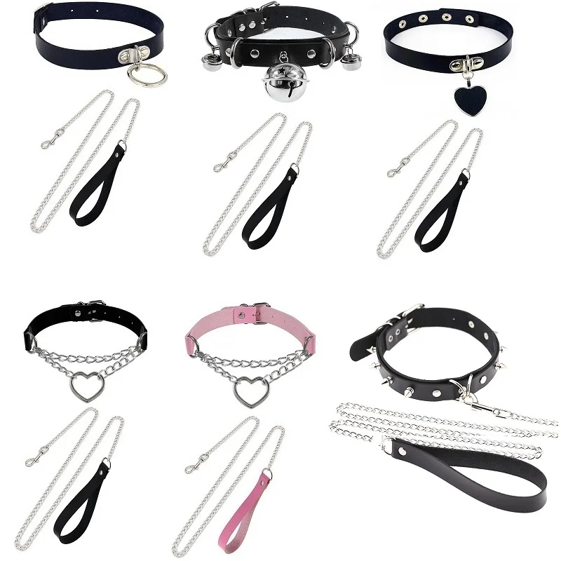 BDSM Cosplay de couro colar e trela e colarinho conjunto para mulheres, BDSM, escrava, coração, sino, anel, colarinho da jarda C, gargantilha gótica, acessórios