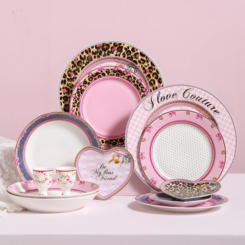 Ceramic Lace Leopard Pattern Tableware, Dining Plate, Pink Heart Shaped Breakfast Tray, Afternoon Tea Salad Dessert Dish