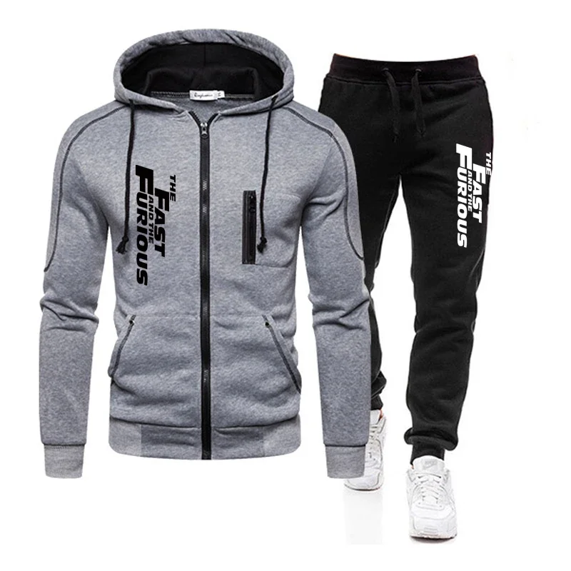 Autumn Winter Popular Mens Tracksuit Zipper Hooded Jacket+Running Pants 2 Piece Set Fast and Furious Print Casual Coat Clothing