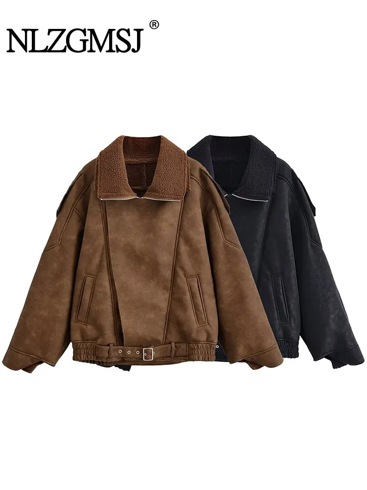 

NLZFMSJ шикарная женская замшевая куртка 2022, осень-зима, свободное короткое пальто на молнии с длинными рукавами, женская верхняя одежда, топ Y2K