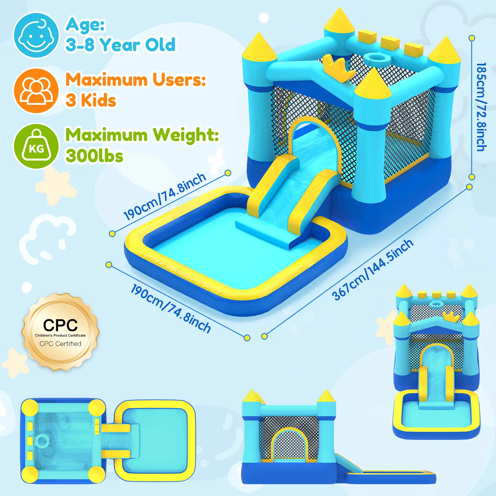 บ้านลมพร้อมสไลเดอร์ สระน้ำ และเครื่องเป่าลม บ้านลมขนาดใหญ่สำหรับเด็กอายุ 3-8 ปี ของขวัญสำหรับงานปาร์ตี้