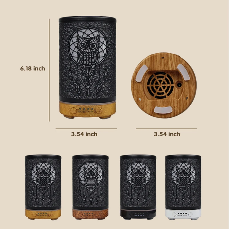 High Quality 100ml Aromatherapy Essential Oil Diffuser Metal owl Remote Control Ultrasonic Air Humidifier with 7 Colors Light