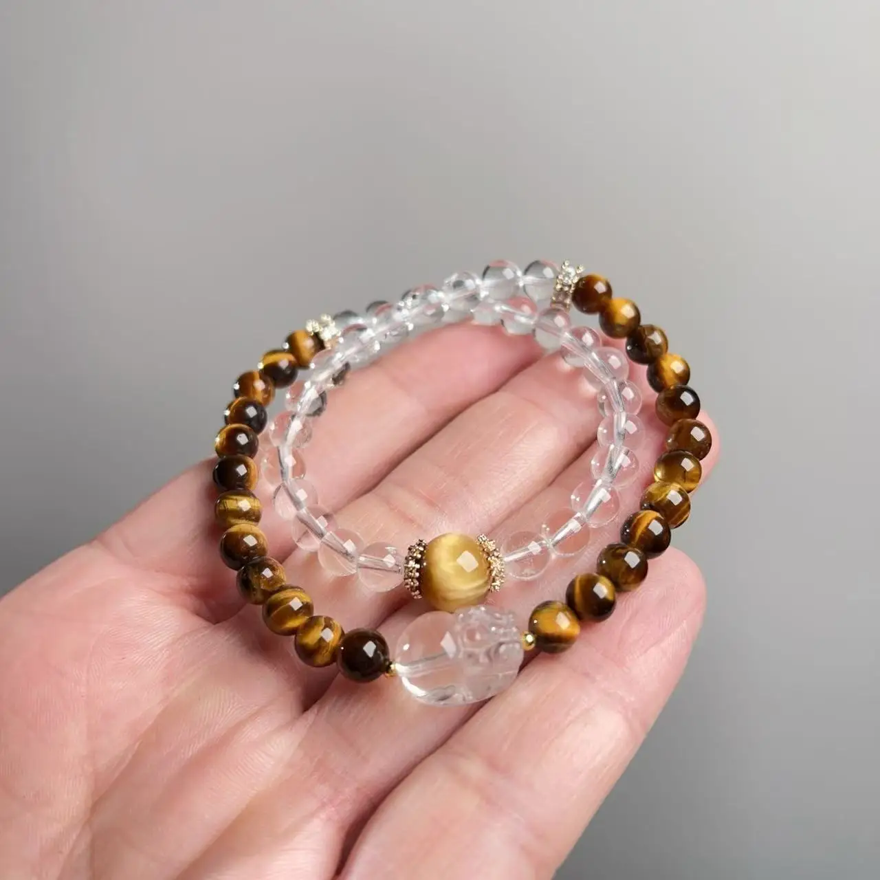 

Natural White Crystal Plus Tiger's Eye Bracelet 6mm Double Ring Bracelet, Unique Design of Men's and Women's Fashion Jewelry.