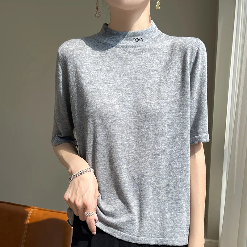 Mulberry Silk Half Sleeve T-Shirt Summer Round Neck Pullover Thin Solid Color Micro Transparent Fine Wool Imitation Knit Jumper