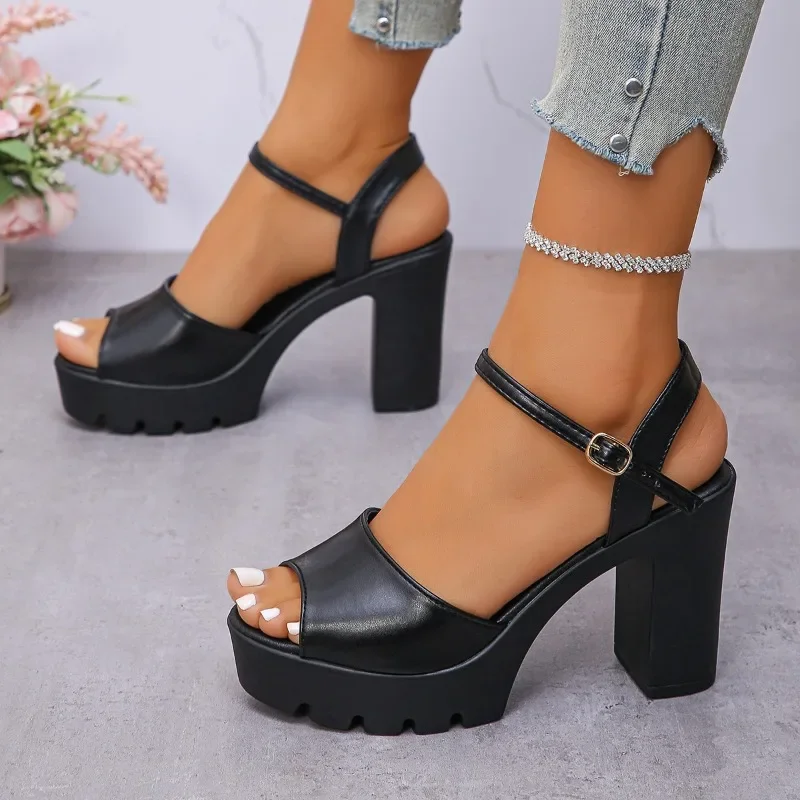Novedad de verano, Sandalias de tacón grueso a la moda para mujer, cabeza redonda, Boca de pescado, plataforma abierta, tacones altos antideslizantes
