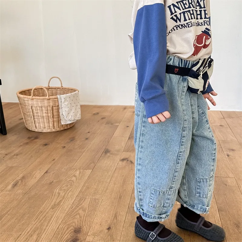2026 Spring/Fall Kids Elastic Waist Straight Leg Jeans Loose Fit Korean Style Casual Denim Pants for Boys Girls