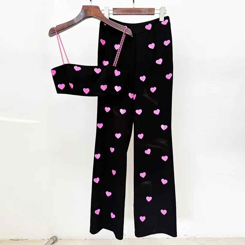 

2025 Spring/Summer New Star Fashion Heart Shaped Sequin Strap Top Pants Two Piece Set