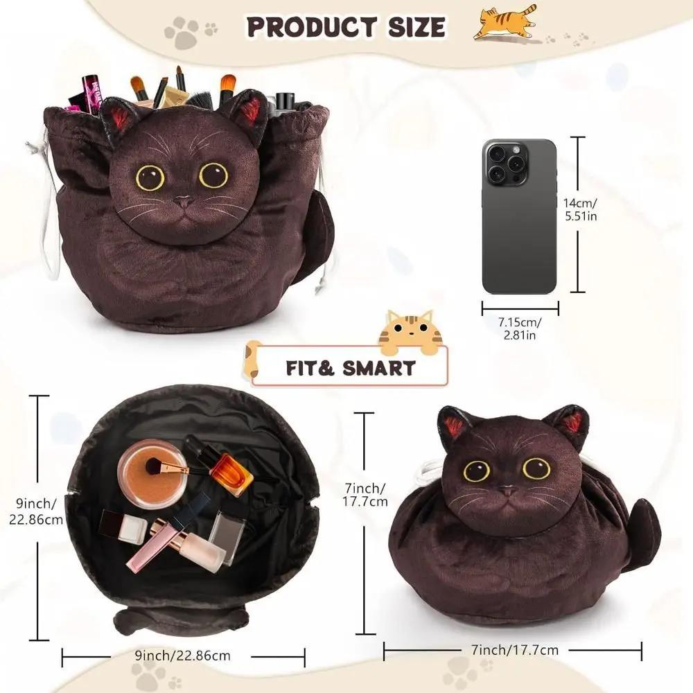 High Quality Cat Shaped Drawstring Makeup Bag Waterproof Drawstring Cosmetic Pouch Bag Portable Lay Flat Makeup Bag Daily Use