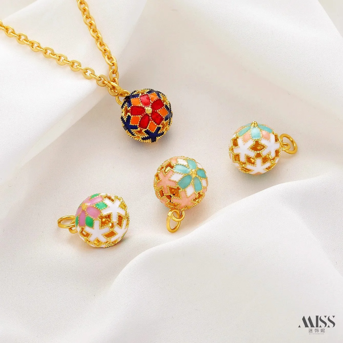 18K Gold Plated Enamel Hollow Cherry Blossom Jingle Bell Pendant Charms for DIY Bracelet Necklace Jewelry Accessories