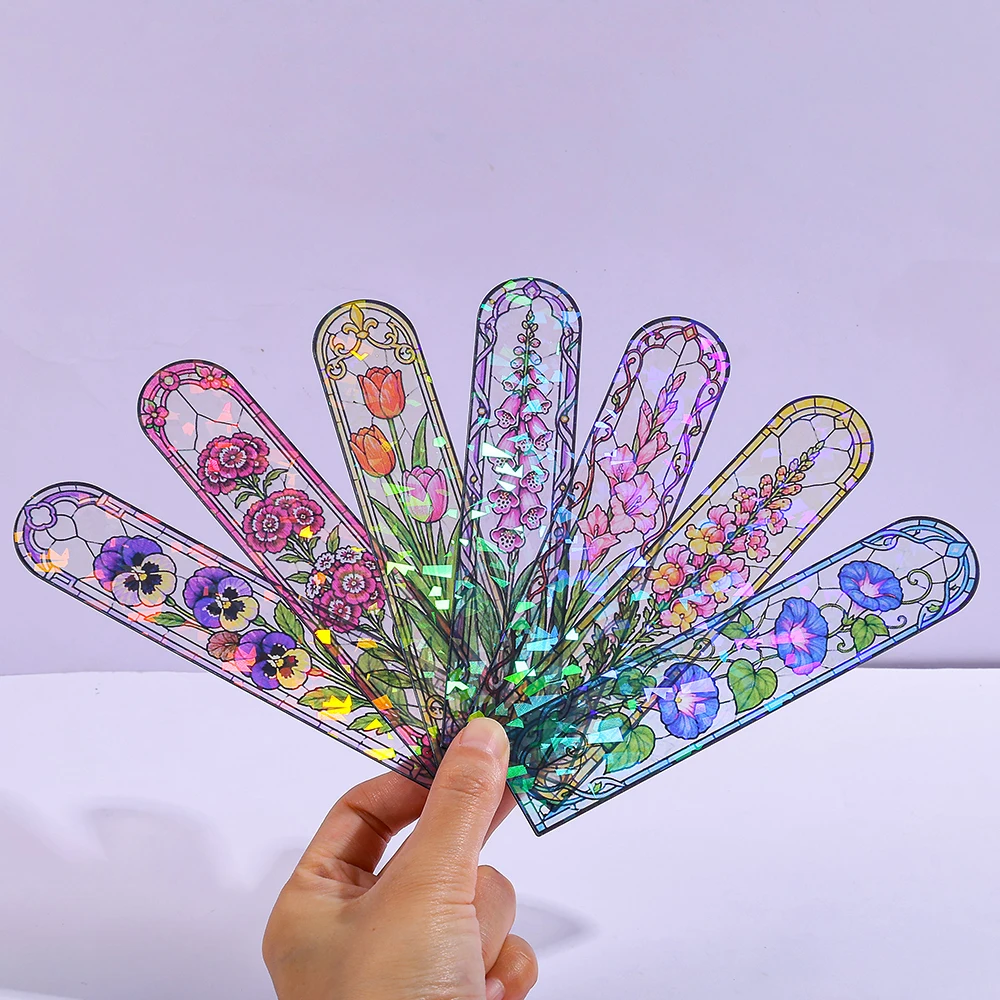 European Style Color Window Glass Flower Laser Acrylic Bookmark Artistic Light Luxury Transparent Dazzling Reading Mark.